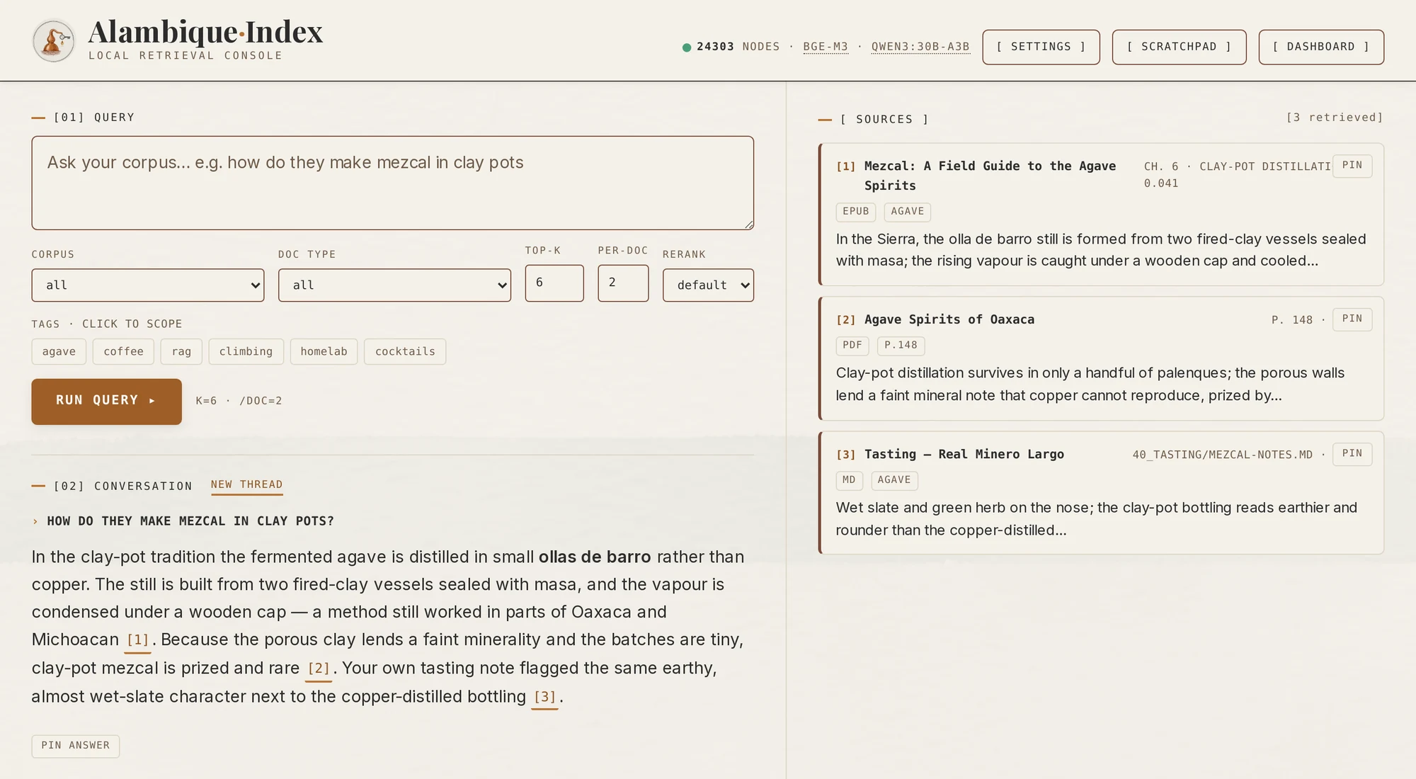 The Alambique Index Local Retrieval Console: a query box with filters on the left, a grounded answer citing sources [1], [2], and [3], and a column of retrieved source cards on the right showing an EPUB, a PDF page, and a Markdown note.