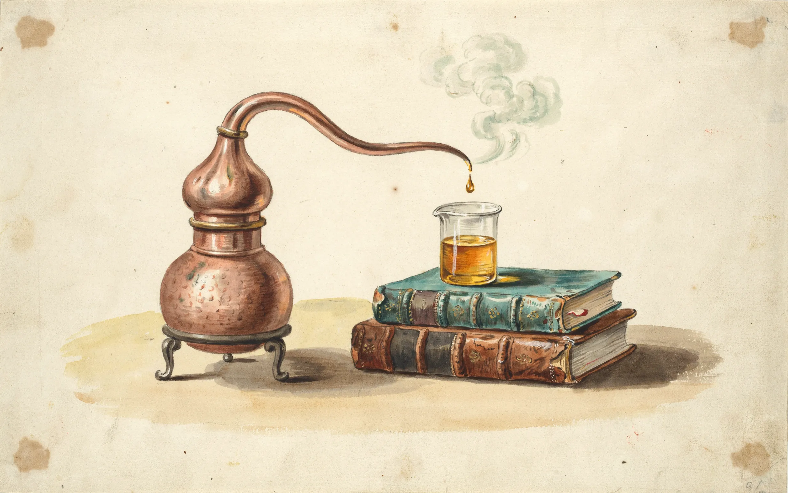A watercolor of a copper alembic still distilling amber liquid into a flask, surrounded by open books and loose handwritten notes.