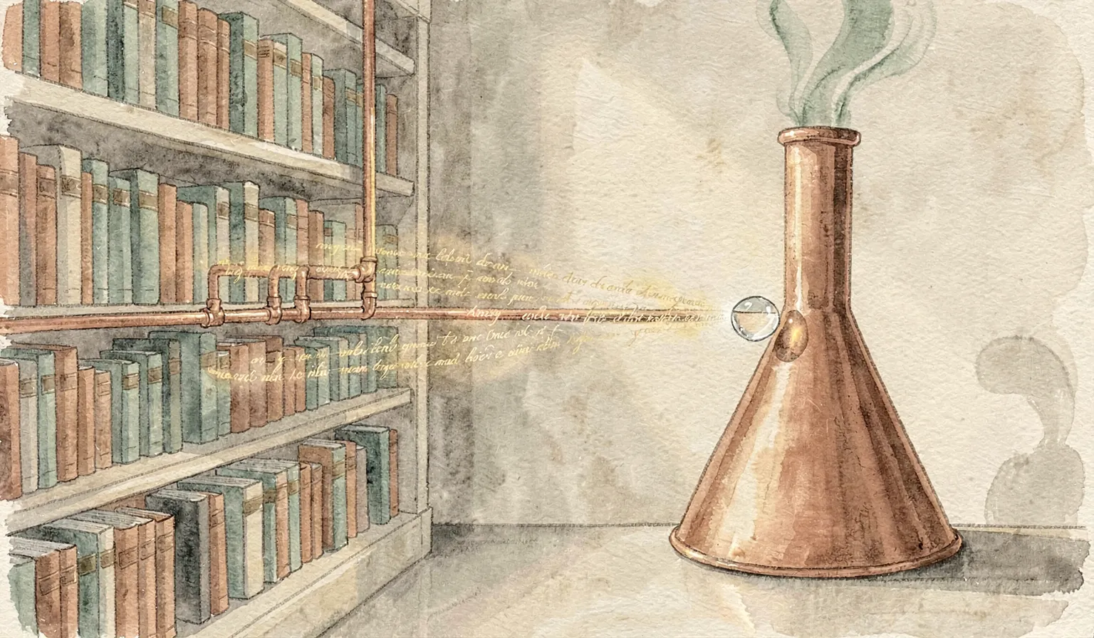 A watercolor of a library shelf on the left connected by copper piping to a copper flask on the right, with faint golden handwriting flowing through the pipe into the flask.