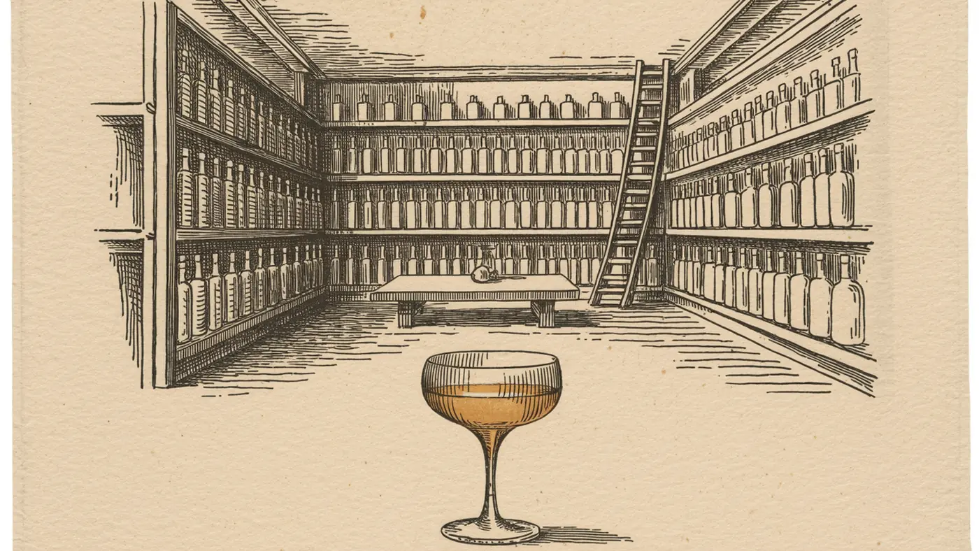 An aged copperplate engraving of a rum estate cellar: tiered shelves of bottles receding to a tasting table, a rolling ladder, and a single amber coupe in the foreground