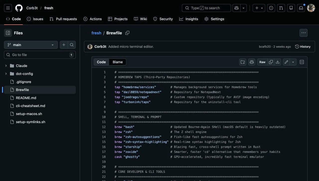 The Brewfile showing Homebrew taps and shell tools including bash, zsh, starship, and ghostty