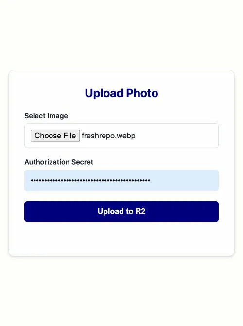 photos.corbet.dev: the upload form with file picker, auth secret field, and Upload to R2 button