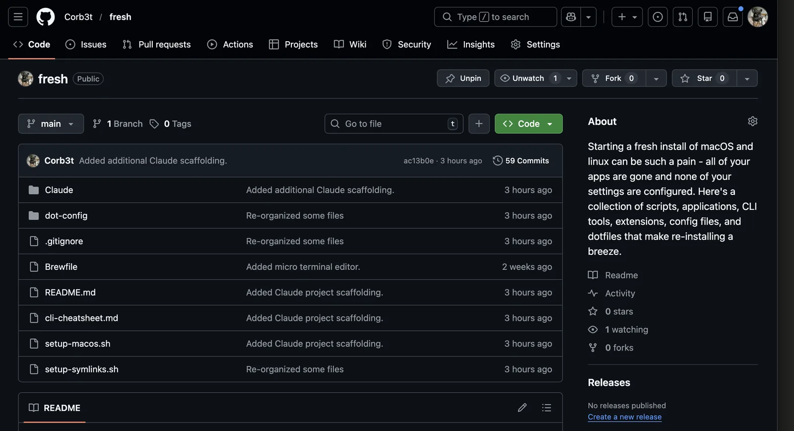 Corb3t/fresh GitHub repo showing the file tree with Claude, dot-config, Brewfile, setup-macos.sh and setup-symlinks.sh