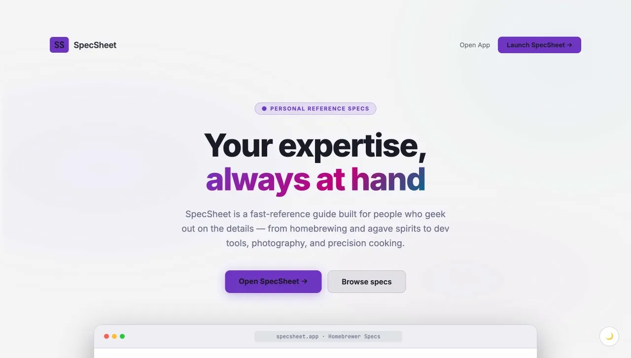 SpecSheet landing page: Your expertise, always at hand